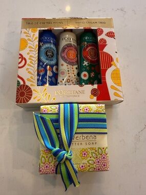 L'OCCITANE Colorful Hand Cream Trio & Verbena Soap Gift Set - Blue Green White